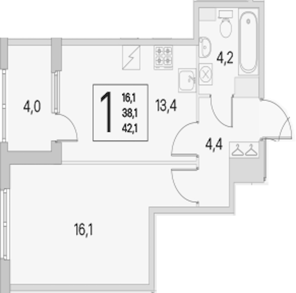 1-комнатная квартира 38.1 м², 3/5 эт., ЖК «ЮгТаун. Олимпийские кварталы»
